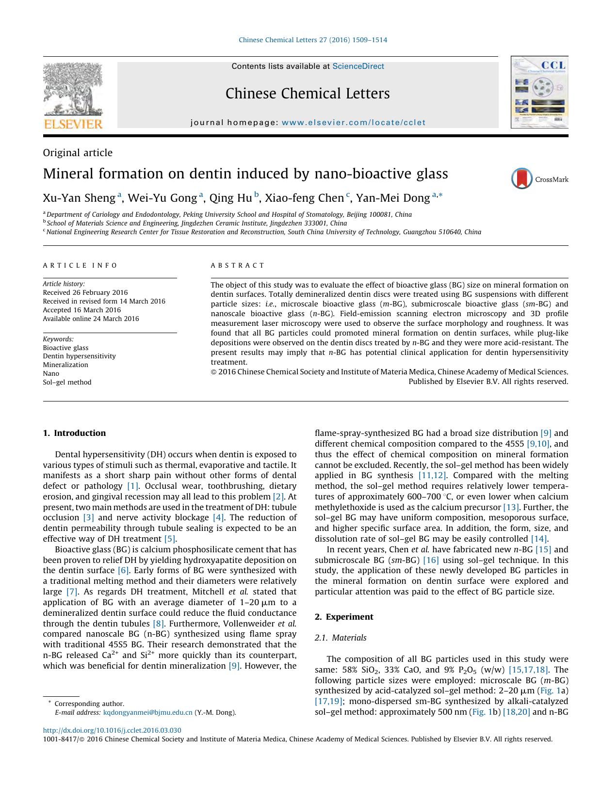 Mineral formation on dentin induced by nano-bioactive glass by Xu-Yan Sheng & Wei-Yu Gong & Qing Hu & Xiao-feng Chen & Yan-Mei Dong