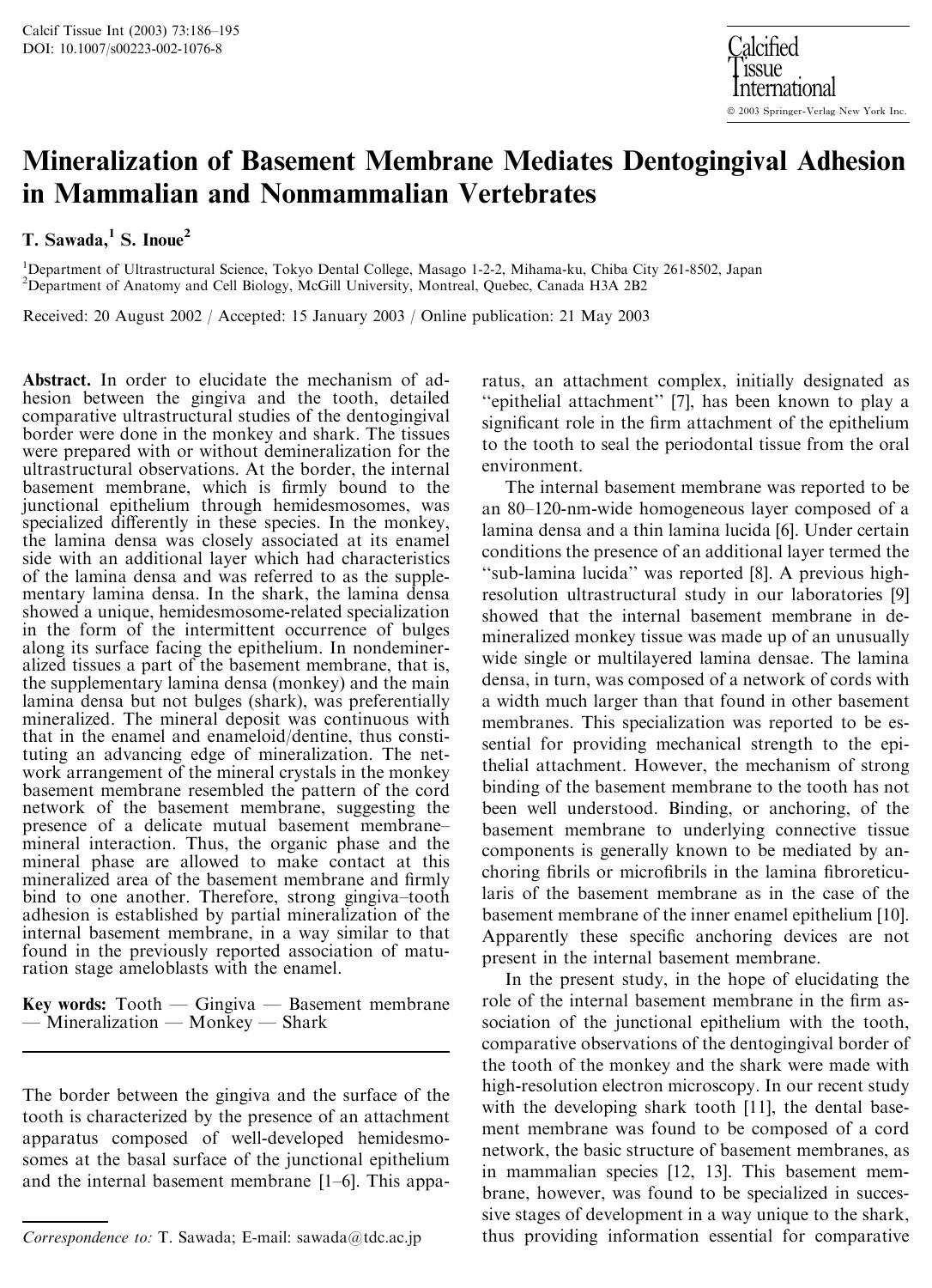 Mineralization of Basement Membrane Mediates Dentogingival Adhesion in Mammalian and Nonmammalian Vertebrates by Sawada T. et al