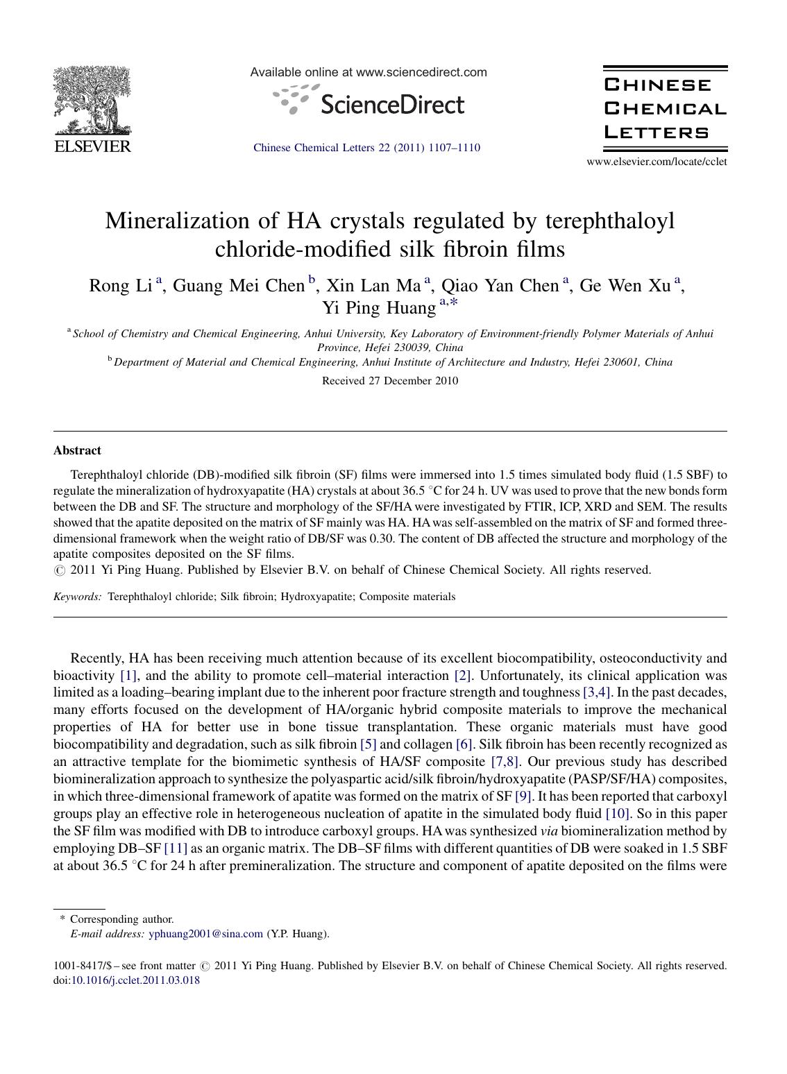 Mineralization of HA crystals regulated by terephthaloyl chloride-modified silk fibroin films by Rong Li