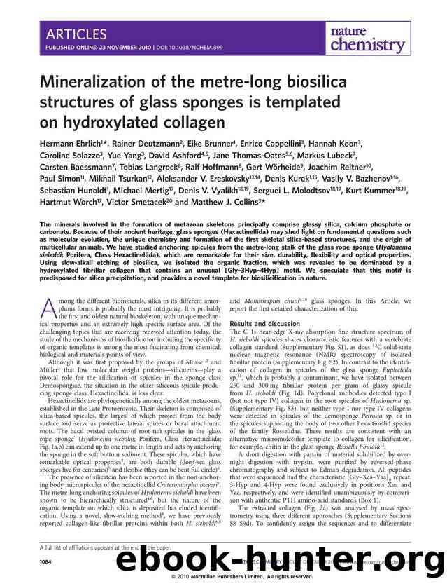 Mineralization of the metre-long biosilica structures of glass sponges is templated on hydroxylated collagen by unknow