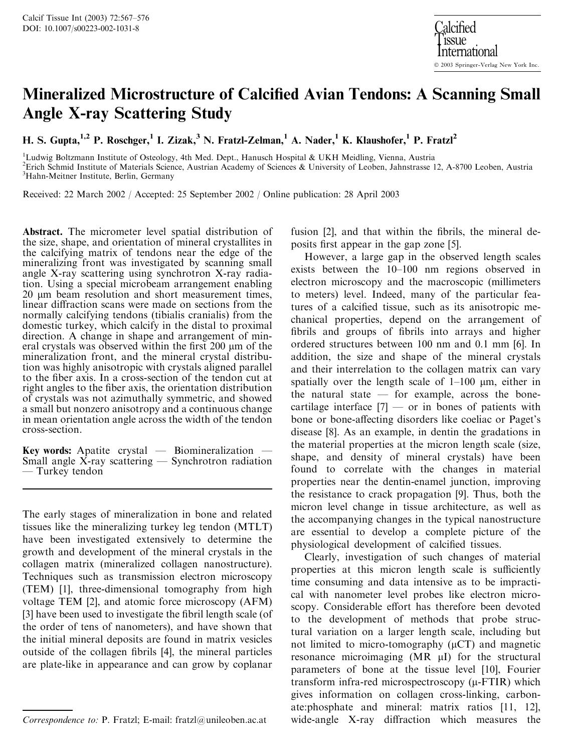 Mineralized Microstructure of Calcified Avian Tendons: A Scanning Small Angle X-ray Scattering Study by Gupta H.S. et al