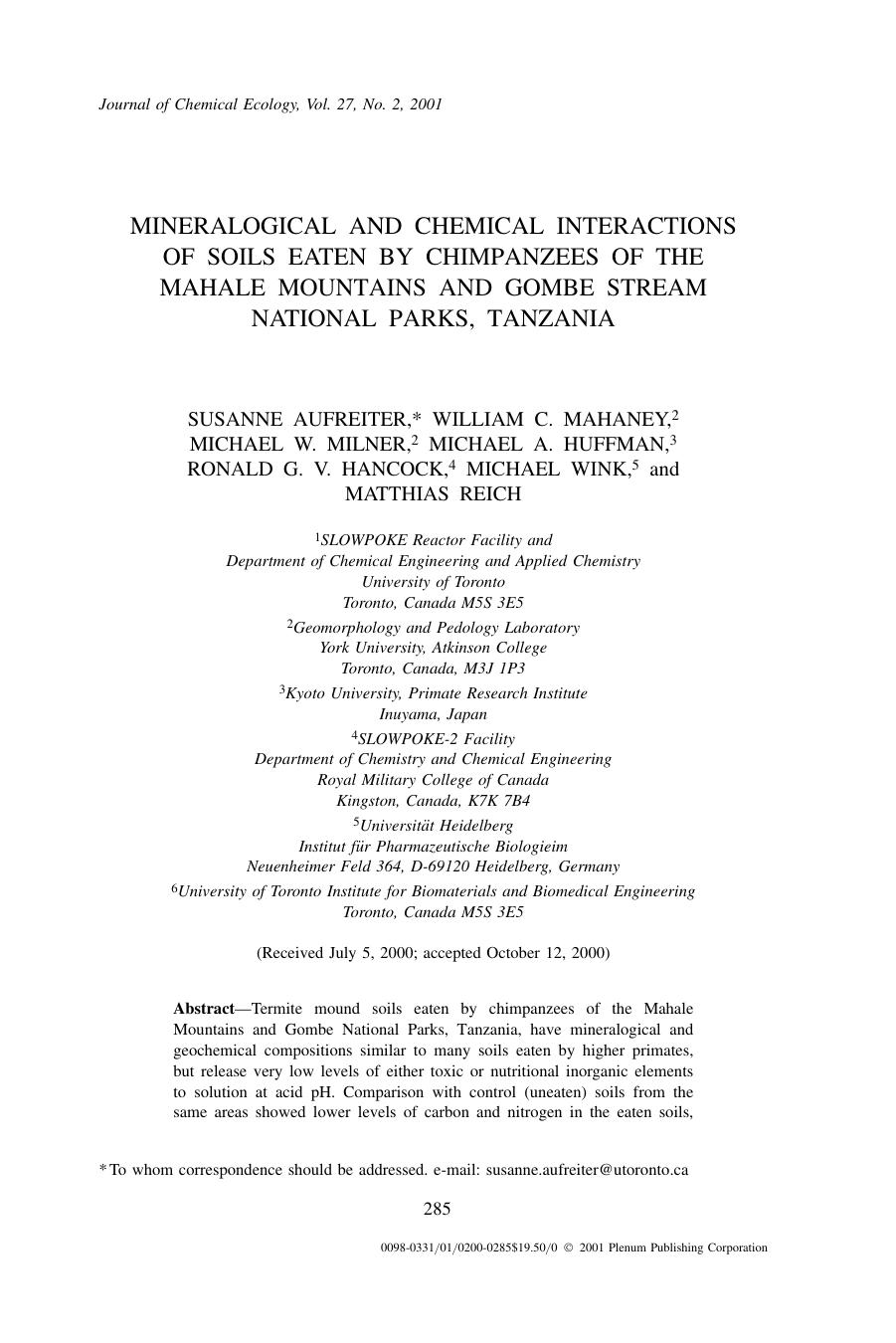 Mineralogical and Chemical Interactions of Soils Eaten by Chimpanzees of the Mahale Mountains and Gombe Stream National Parks, Tanzania by Unknown