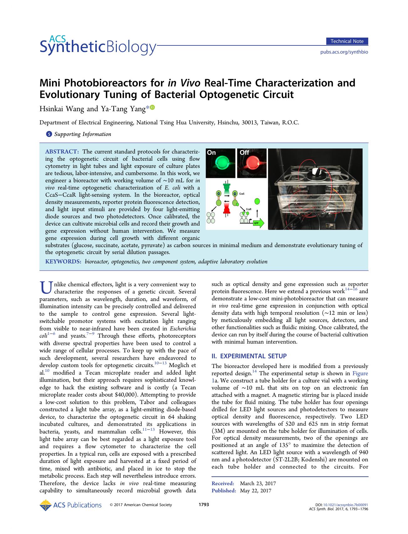 Mini Photobioreactors for in Vivo Real-Time Characterization and Evolutionary Tuning of Bacterial Optogenetic Circuit by Hsinkai Wang and Ya-Tang Yang