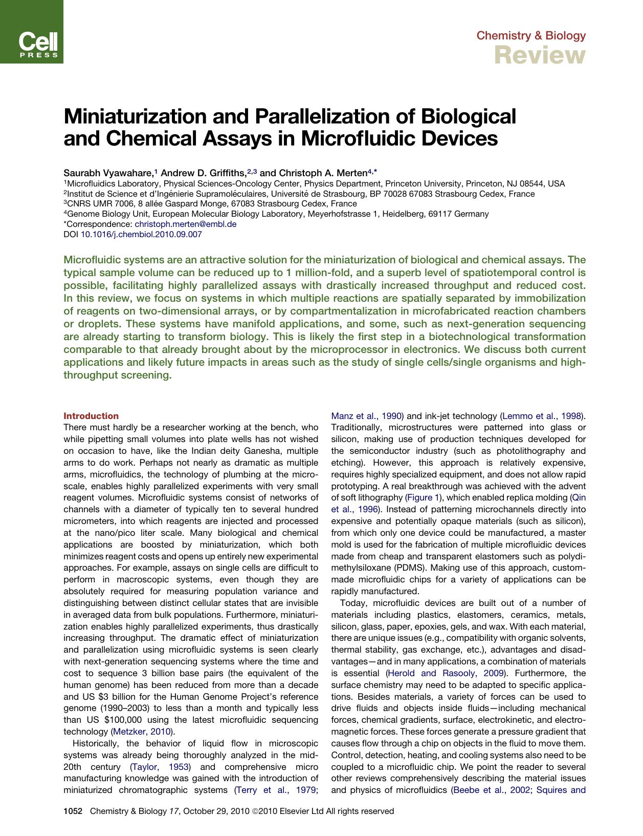 Miniaturization and Parallelization of Biological and&nbsp;Chemical Assays in Microfluidic Devices by Saurabh Vyawahare & Andrew D. Griffiths & Christoph A. Merten