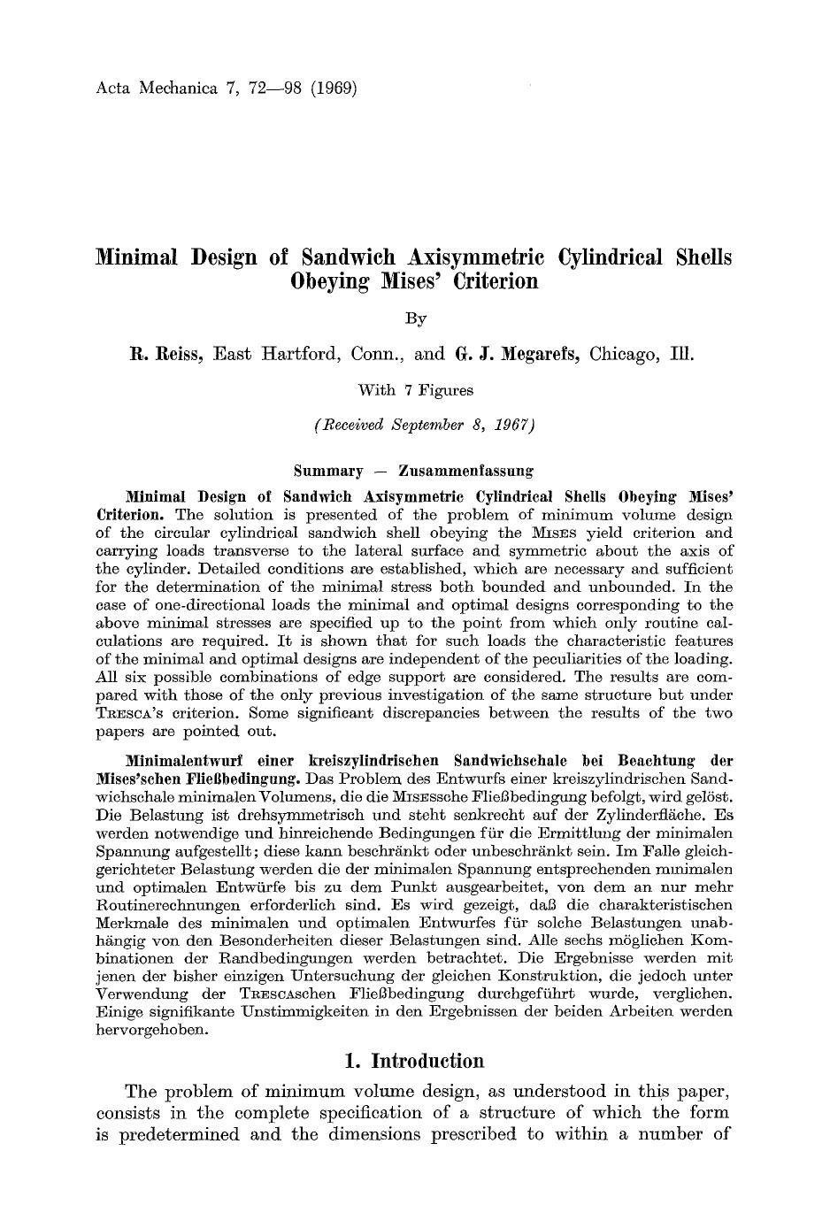 Minimal design of sandwich axisymmetric cylindrical shells obeying Mises' criterion by Unknown