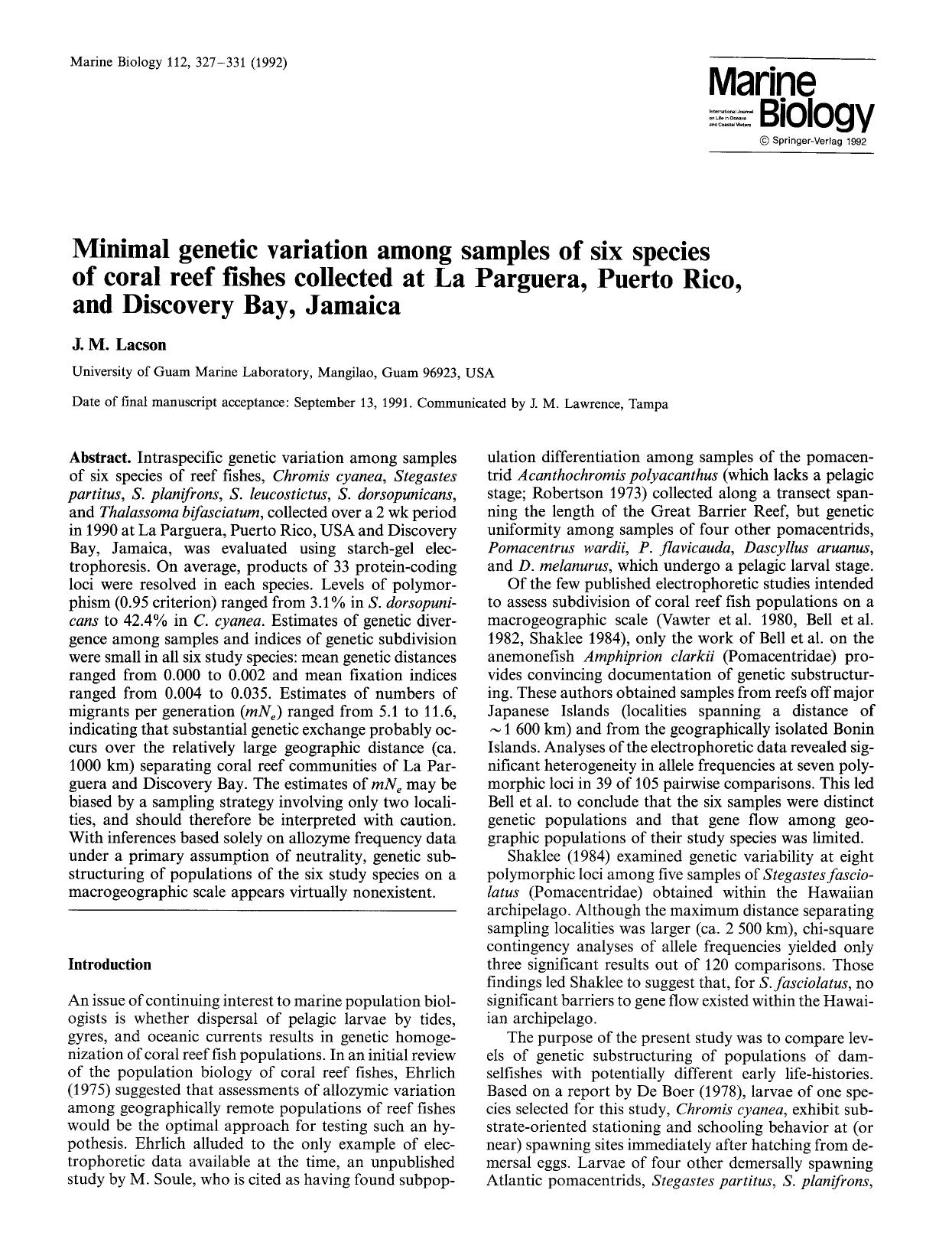 Minimal genetic variation among samples of six species of coral reef fishes collected at La Parguera, Puerto Rico, and Discovery Bay, Jamaica by Unknown