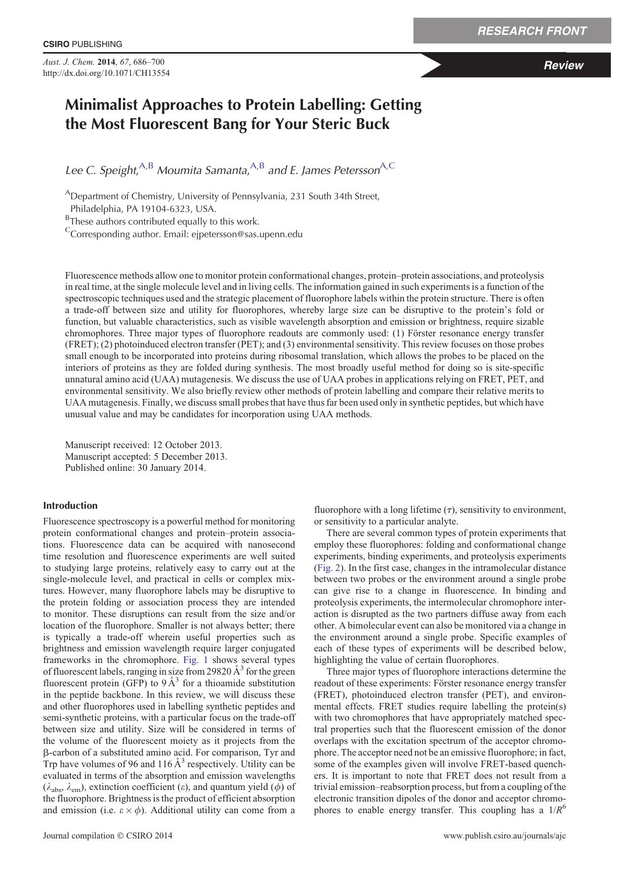 Minimalist Approaches to Protein Labelling: Getting the Most Fluorescent Bang for Your Steric Buck by L. C. Speight & M. Samanta & and E. J. Petersson