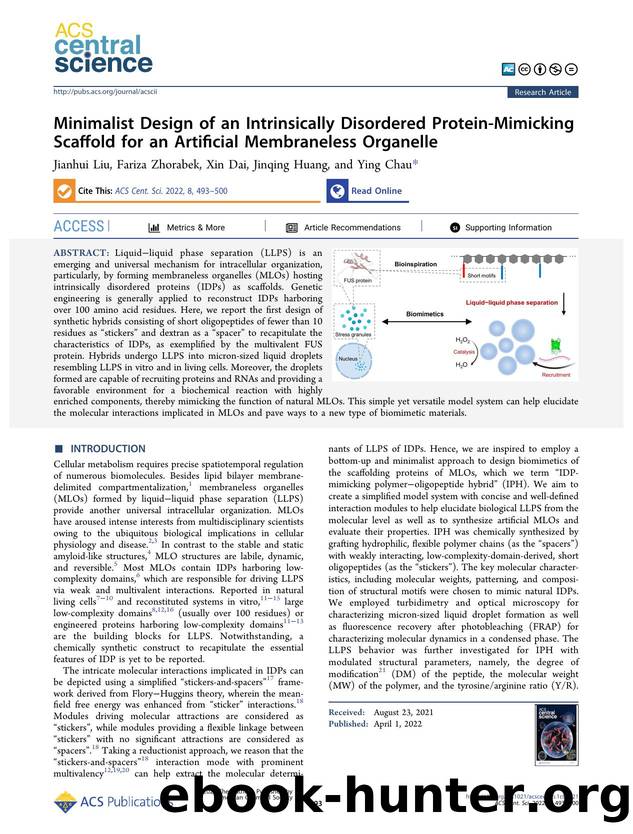 Minimalist Design of an Intrinsically Disordered Protein-Mimicking Scaffold for an Artificial Membraneless Organelle by unknow