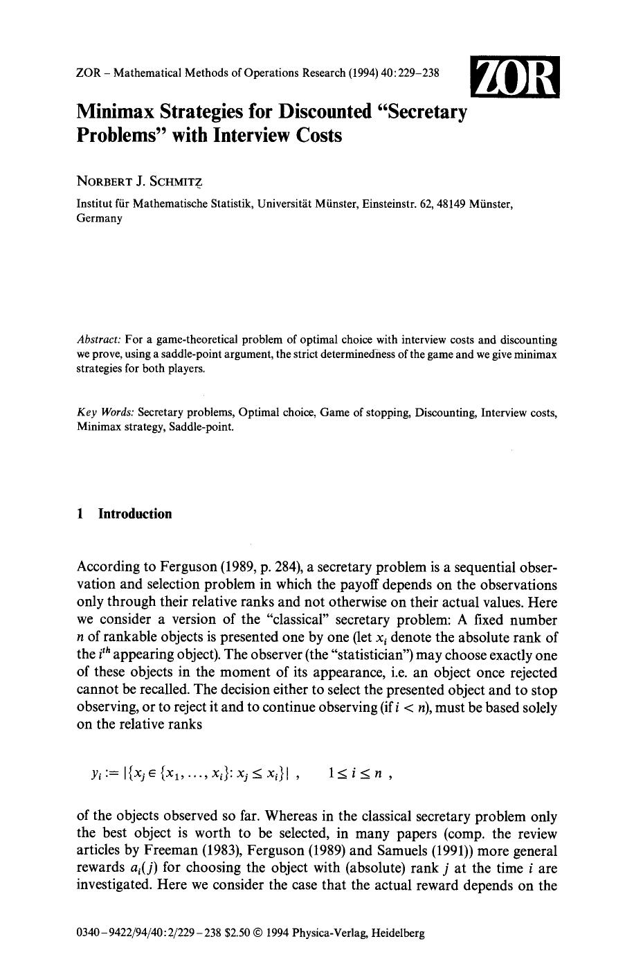 Minimax strategies for discounted “secretary problems” with interview costs by Unknown