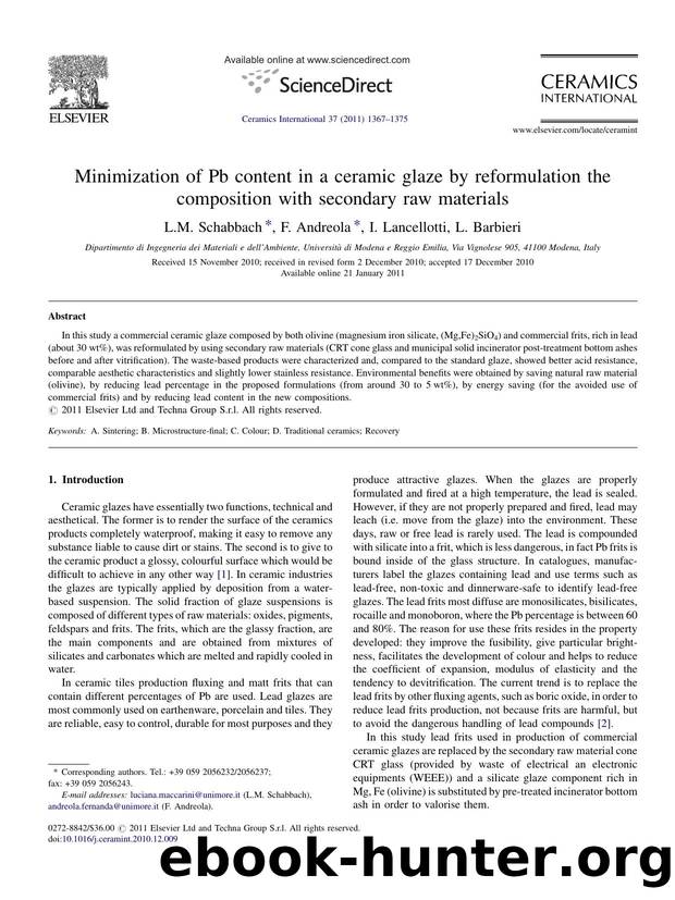 Minimization of Pb content in a ceramic glaze by reformulation the composition with secondary raw materials by L.M. Schabbach