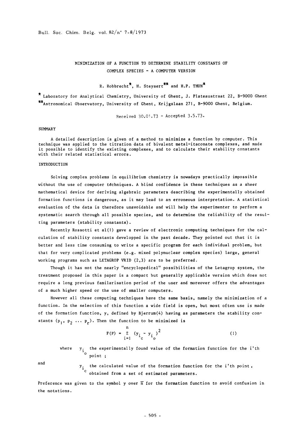 Minimization of a Function to Determine Stability Constants of Complex Species a Computer Version by Unknown