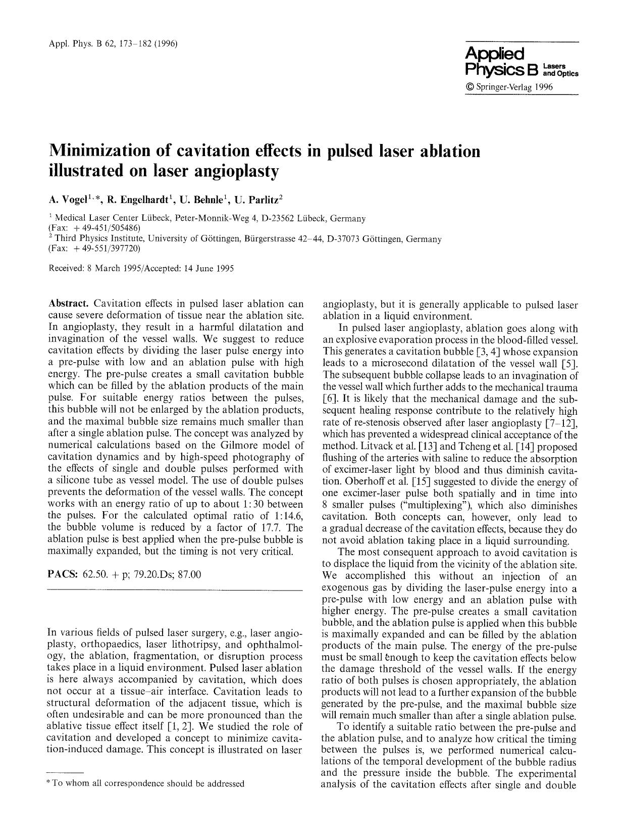 Minimization of cavitation effects in pulsed laser ablation illustrated on laser angioplasty by Unknown