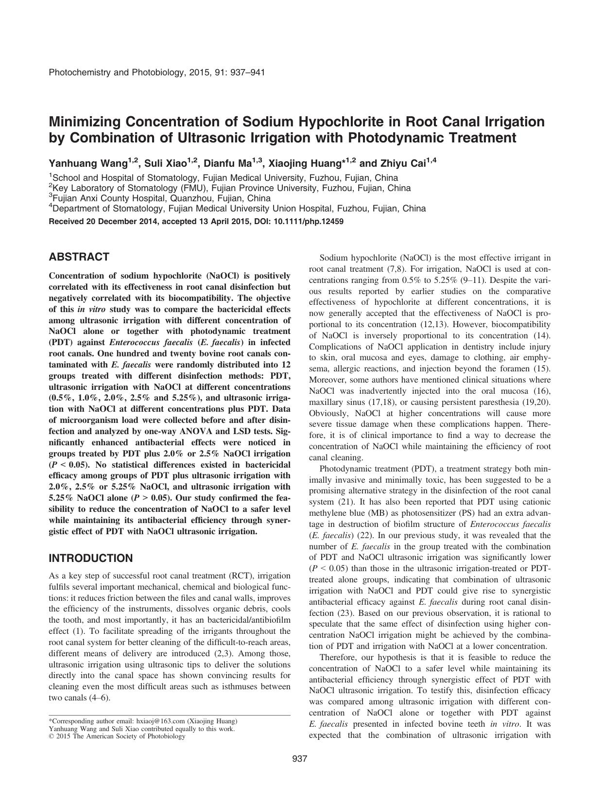 Minimizing Concentration of Sodium Hypochlorite in Root Canal Irrigation by Combination of Ultrasonic Irrigation with Photodynamic Treatment by Unknown