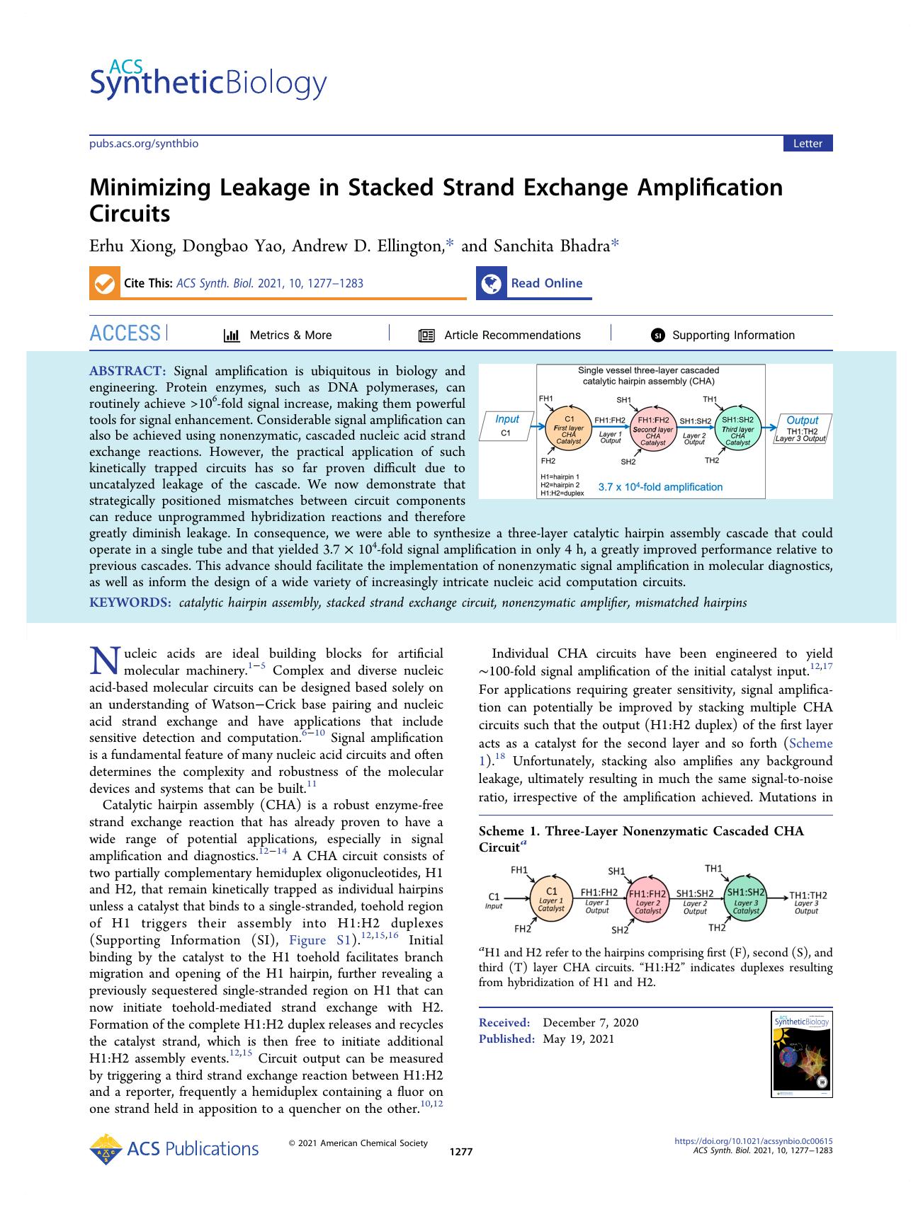 Minimizing Leakage in Stacked Strand Exchange Amplification Circuits by Erhu Xiong Dongbao Yao Andrew D. Ellington and Sanchita Bhadra