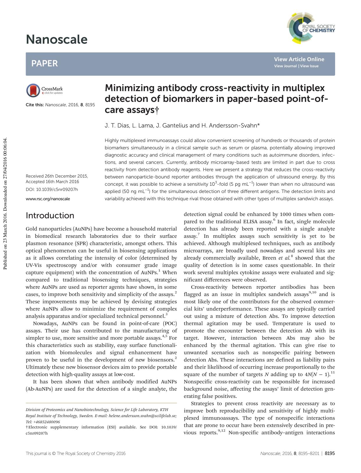 Minimizing antibody cross-reactivity in multiplex detection of biomarkers in paper-based point-of-care assays by J. T. Dias L. Lama J. Gantelius H. Andersson-Svahn