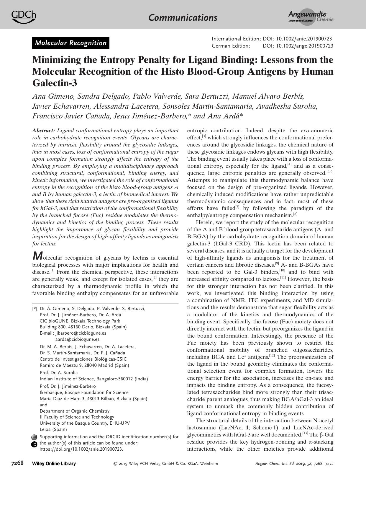 Minimizing the Entropy Penalty for Ligand Binding: Lessons from the Molecular Recognition of the Histo BloodâGroup Antigens by Human Galectinâ3 by Unknown