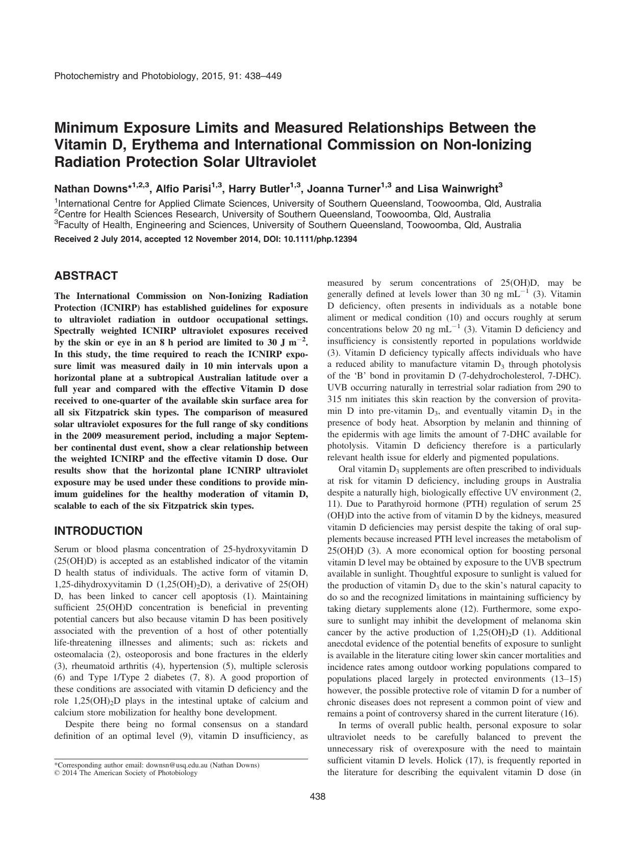 Minimum Exposure Limits and Measured Relationships Between the Vitamin D, Erythema and International Commission on Non&#x2010;Ionizing Radiation Protection Solar Ultraviolet by Unknown