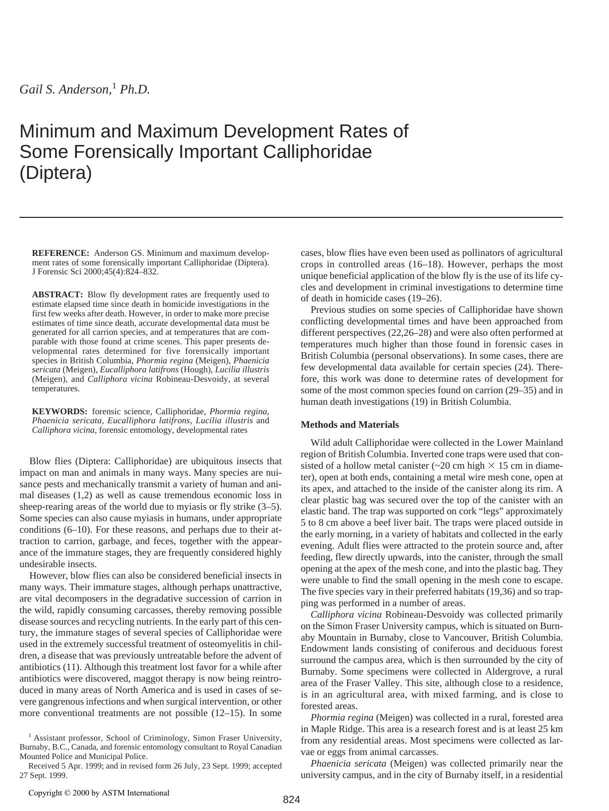 Minimum and maximum development rates of some forensically important Callphoridae (Diptera) by Anderson GS