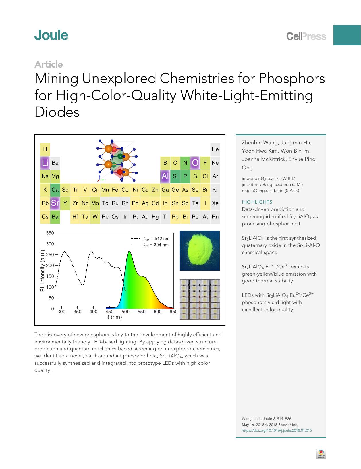 Mining Unexplored Chemistries for Phosphors for High-Color-Quality White-Light-Emitting Diodes by Zhenbin Wang & Jungmin Ha & Yoon Hwa Kim & Won Bin Im & Joanna McKittrick & Shyue Ping Ong