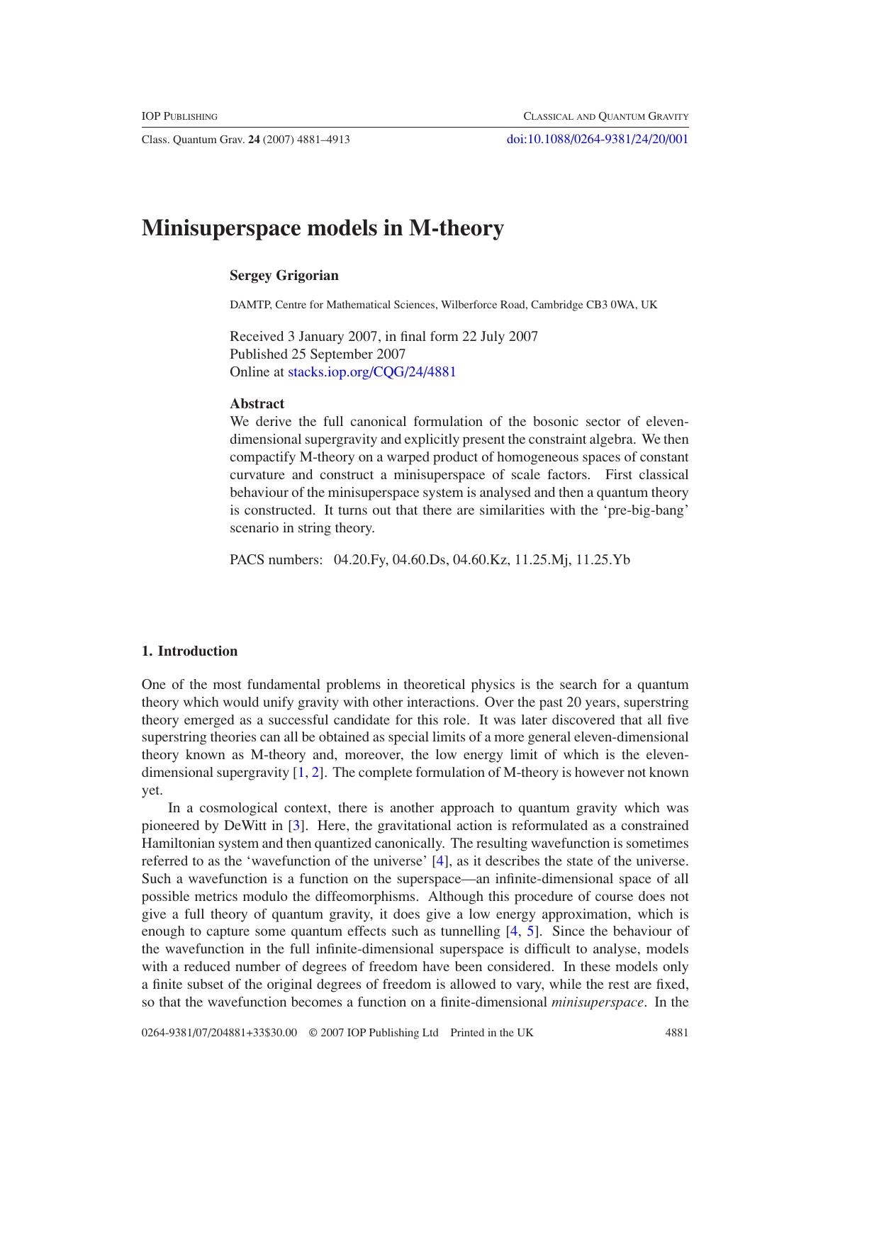 Minisuperspace models in M-theory by S Grigorian