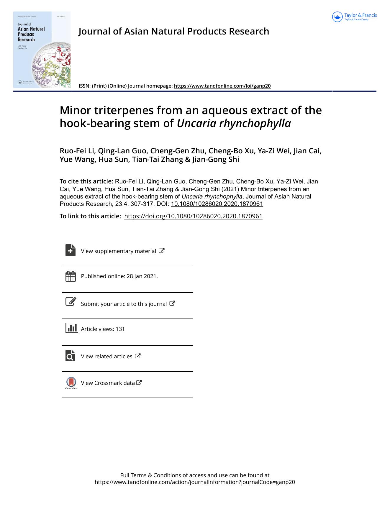 Minor triterpenes from an aqueous extract of the hook-bearing stem of Uncaria rhynchophylla by unknow
