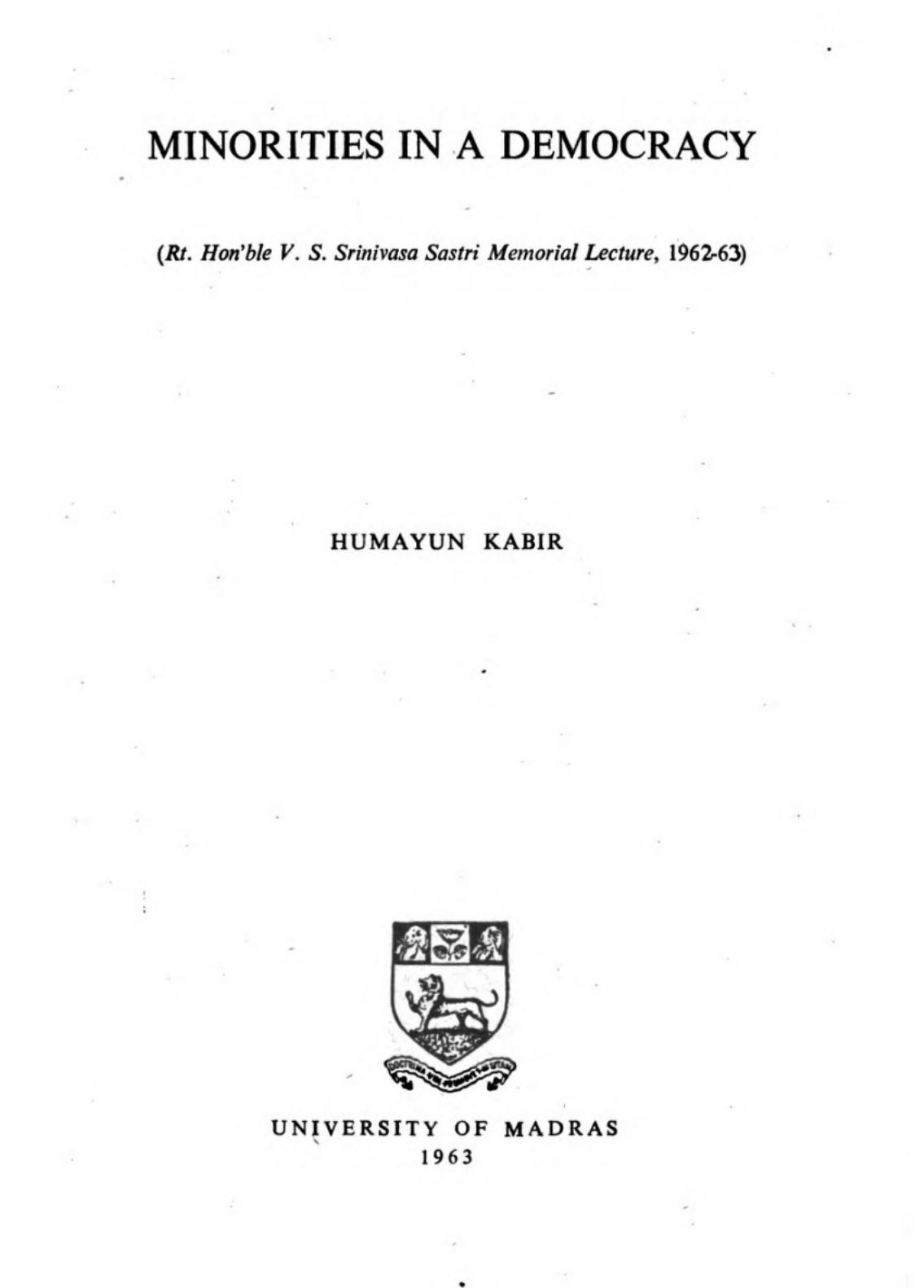 Minorities in a Democracy by Humayun Kabir