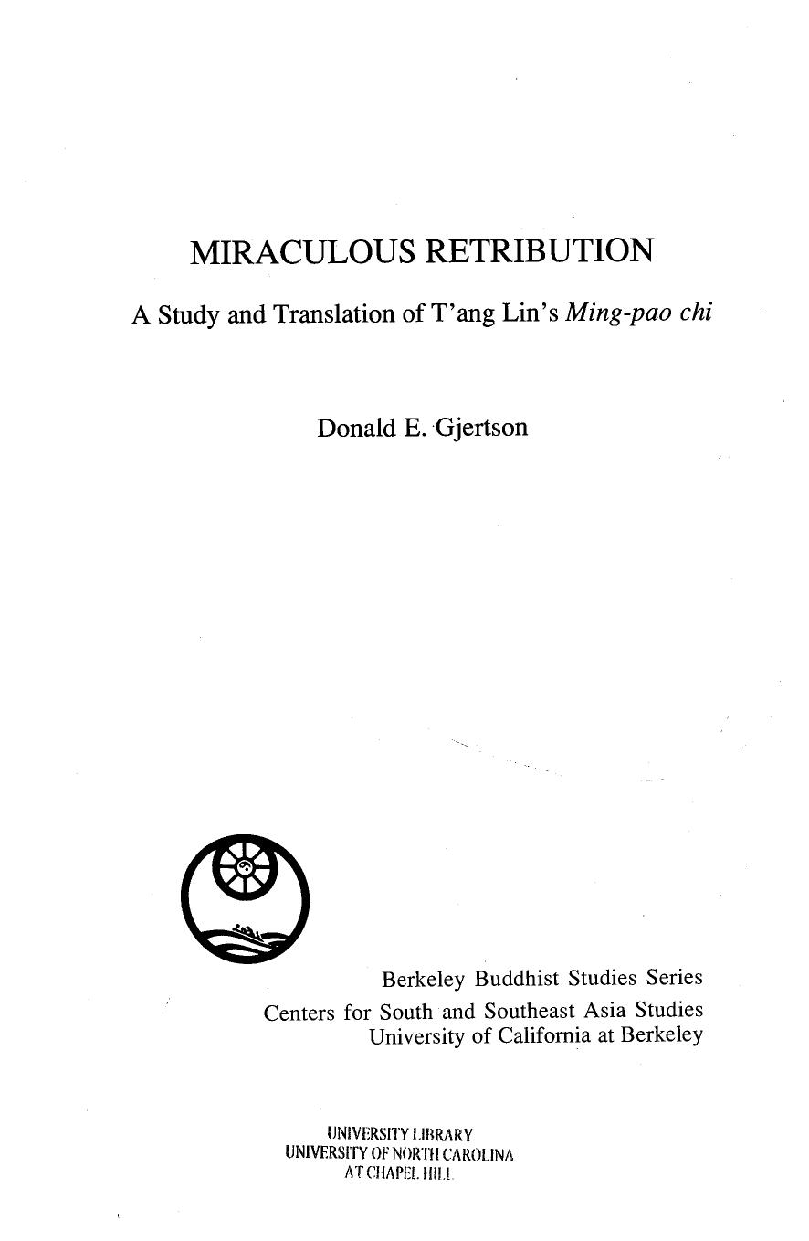 Miraculous Retribution: A Study and Translation of TÊ»ang Lin's Ming-pao Chi by Donald E. Gjertson