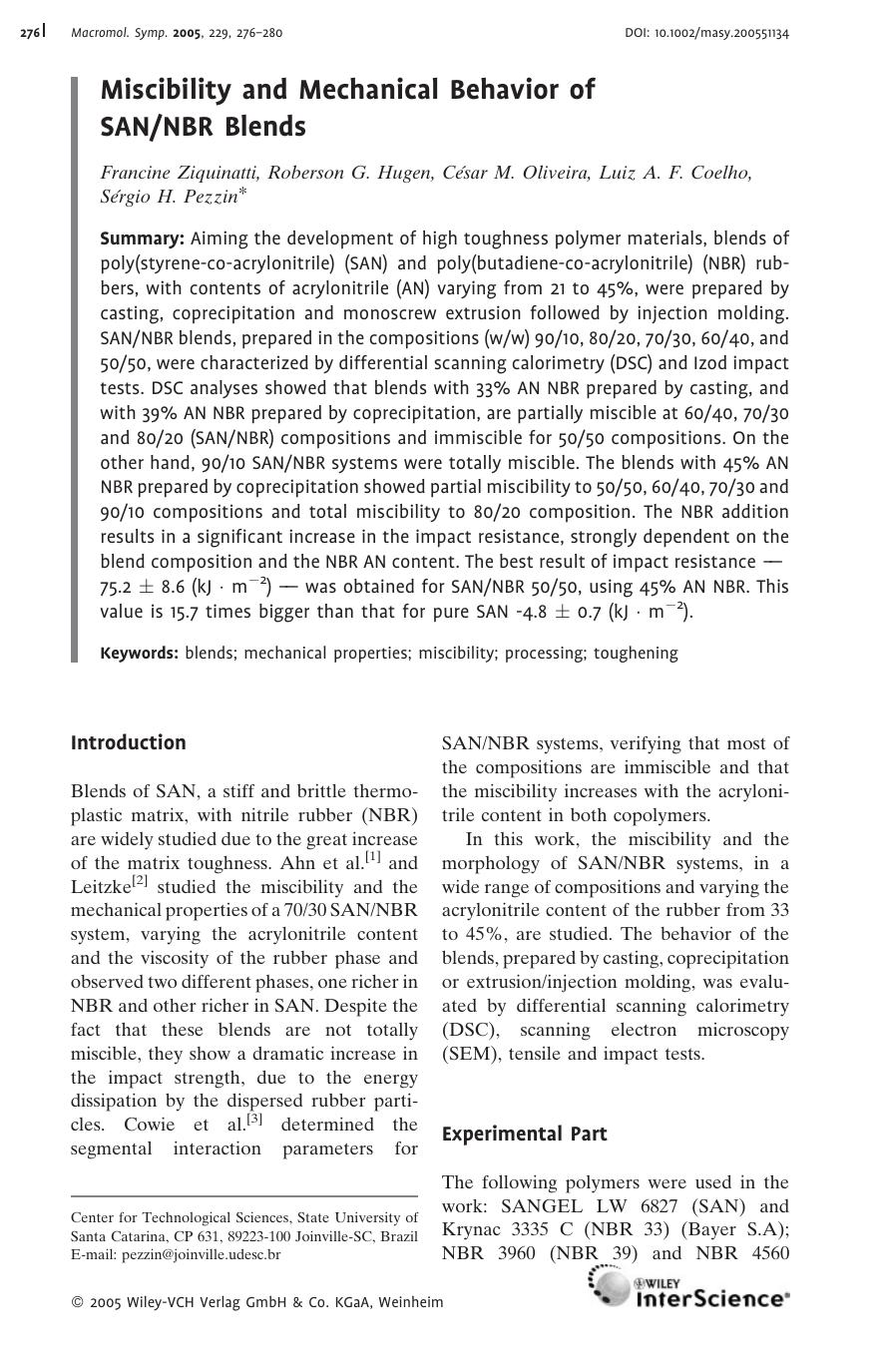 Miscibility and Mechanical Behavior of SANNBR Blends by Unknown