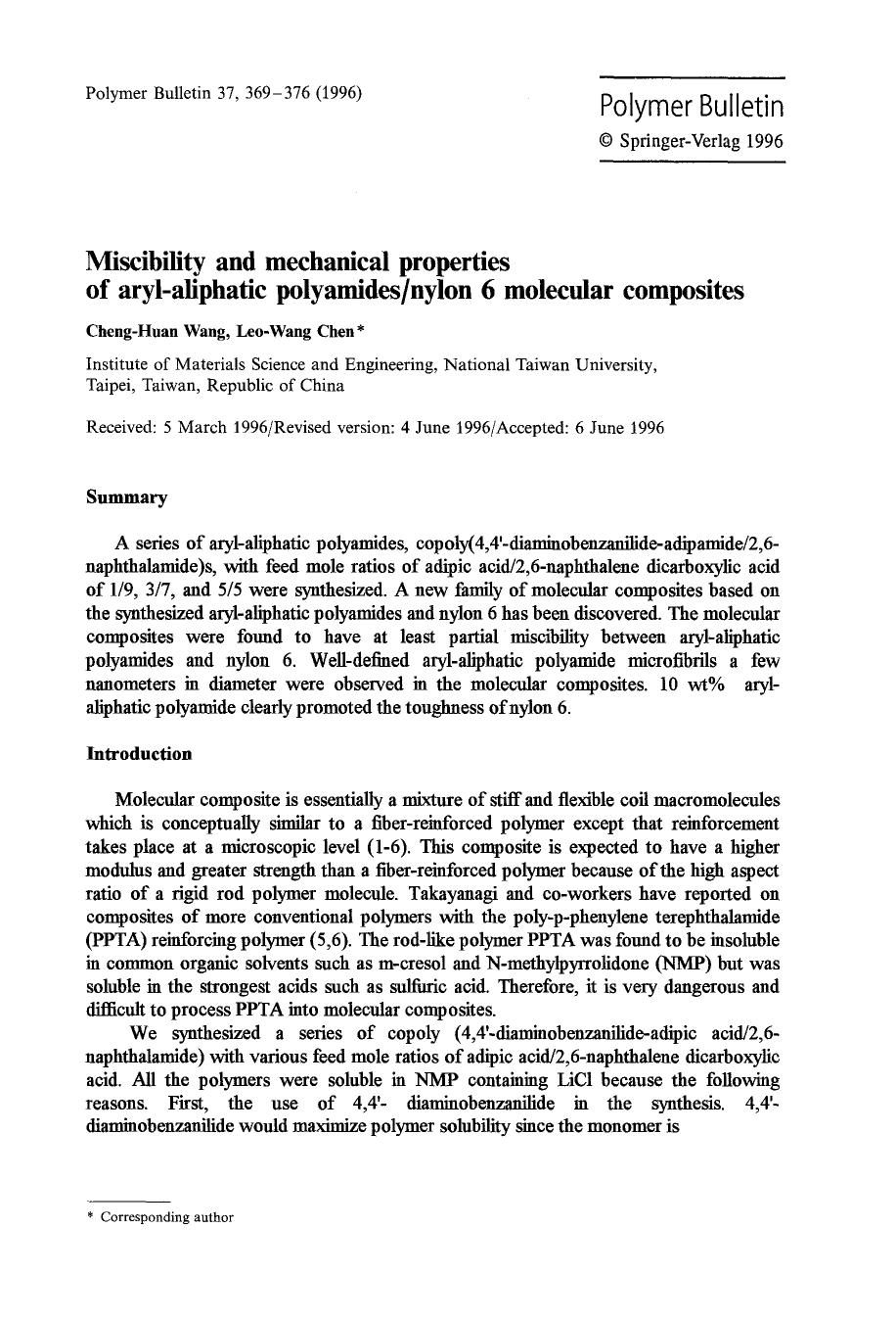 Miscibility and mechanical properties of aryl-aliphatic polyamidesnylon 6 molecular composites by Unknown