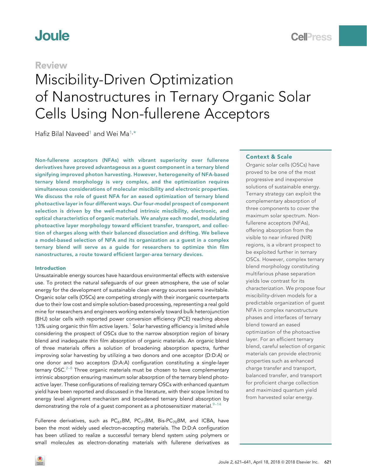 Miscibility-Driven Optimization of Nanostructures in Ternary Organic Solar Cells Using Non-fullerene Acceptors by Hafiz Bilal Naveed & Wei Ma