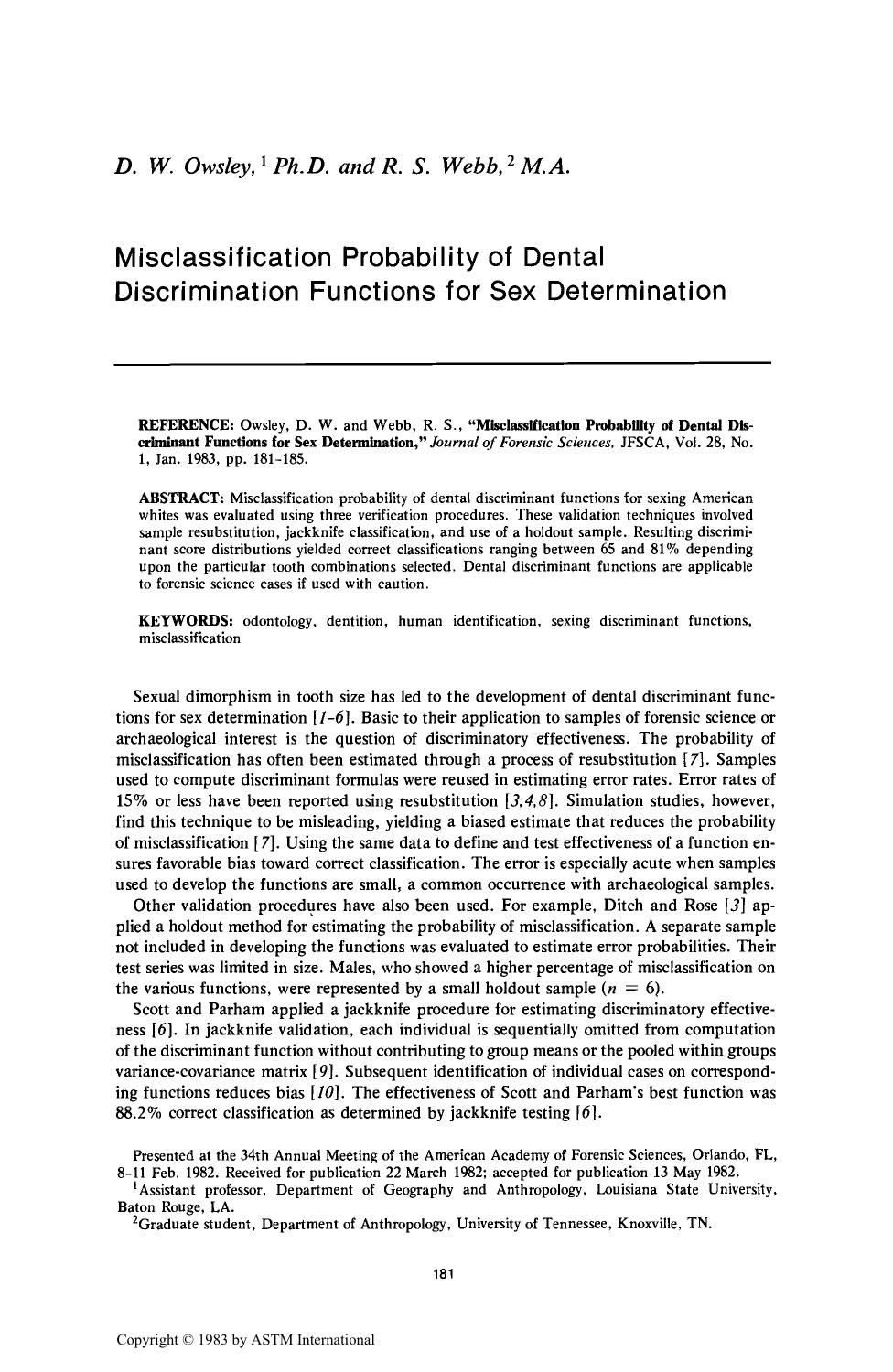 Misclassification Probability of Dental Discrimination Functions for Sex Determination by Owsley DW Webb RS