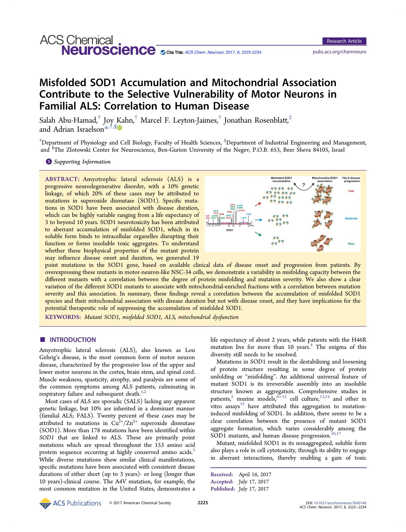 Misfolded SOD1 Accumulation and Mitochondrial Association Contribute to the Selective Vulnerability of Motor Neurons in Familial ALS: Correlation to Human Disease by Salah Abu-Hamad Joy Kahn Marcel F. Leyton-Jaimes Jonathan Rosenblatt and Adrian Israelson