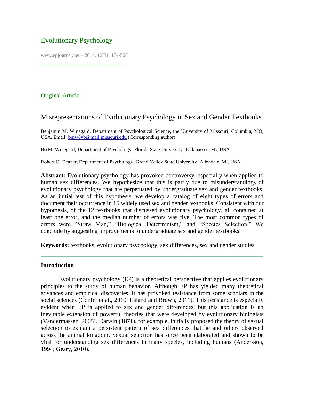 Misrepresentations of evolutionary psychology in sex and gender textbooks by Benjamin Winegard;Bo Winegard;Robert Deaner