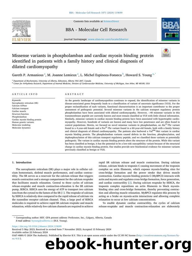 Missense variants in phospholamban and cardiac myosin binding protein identified in patients with a family history and clinical diagnosis of dilated cardiomyopathy by Gareth P. Armanious & M. Joanne Lemieux & L. Michel Espinoza-Fonseca & Howard S. Young