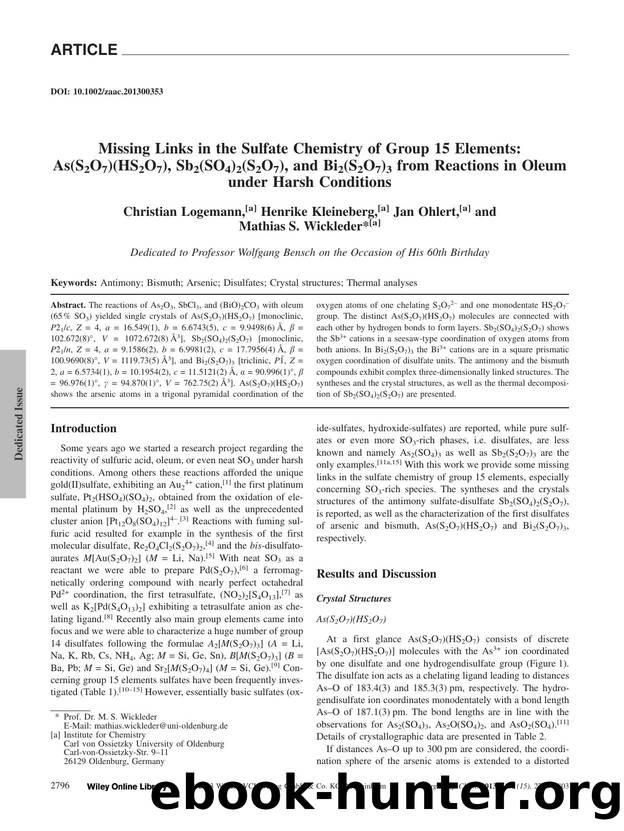 Missing Links in the Sulfate Chemistry of Group 15 Elements: As(S2O7)(HS2O7), Sb2(SO4)2(S2O7), and Bi2(S2O7)3 from Reactions in Oleum under Harsh Conditions by Unknown