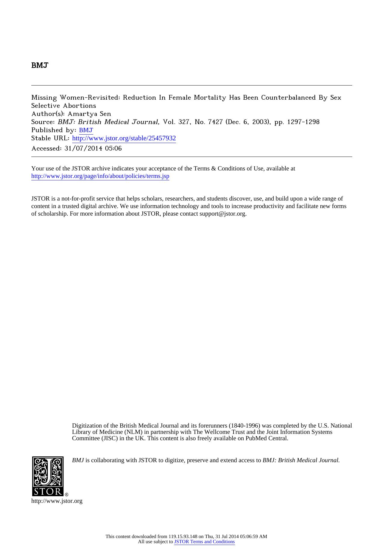 Missing Women-Revisited: Reduction In Female Mortality Has Been Counterbalanced By Sex Selective Abortions by unknow