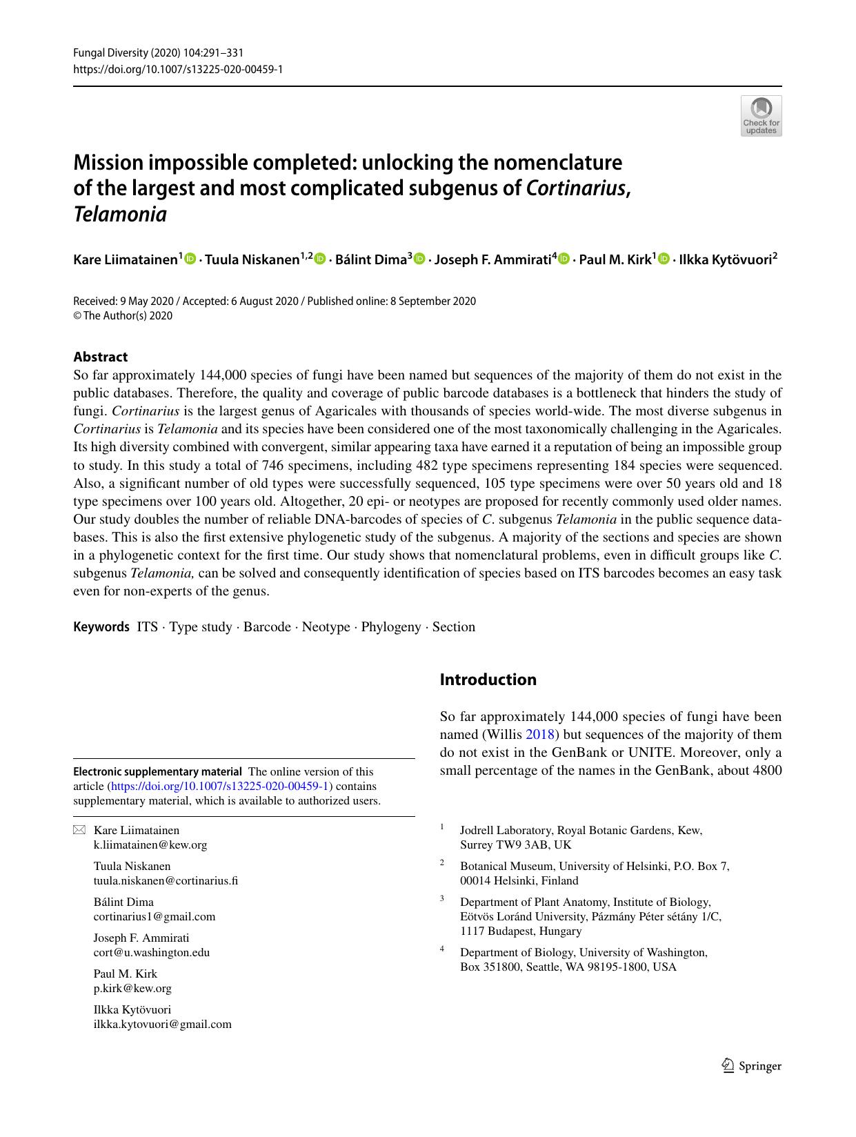 Mission impossible completed: unlocking the nomenclature of the largest and most complicated subgenus of Cortinarius, Telamonia by unknow