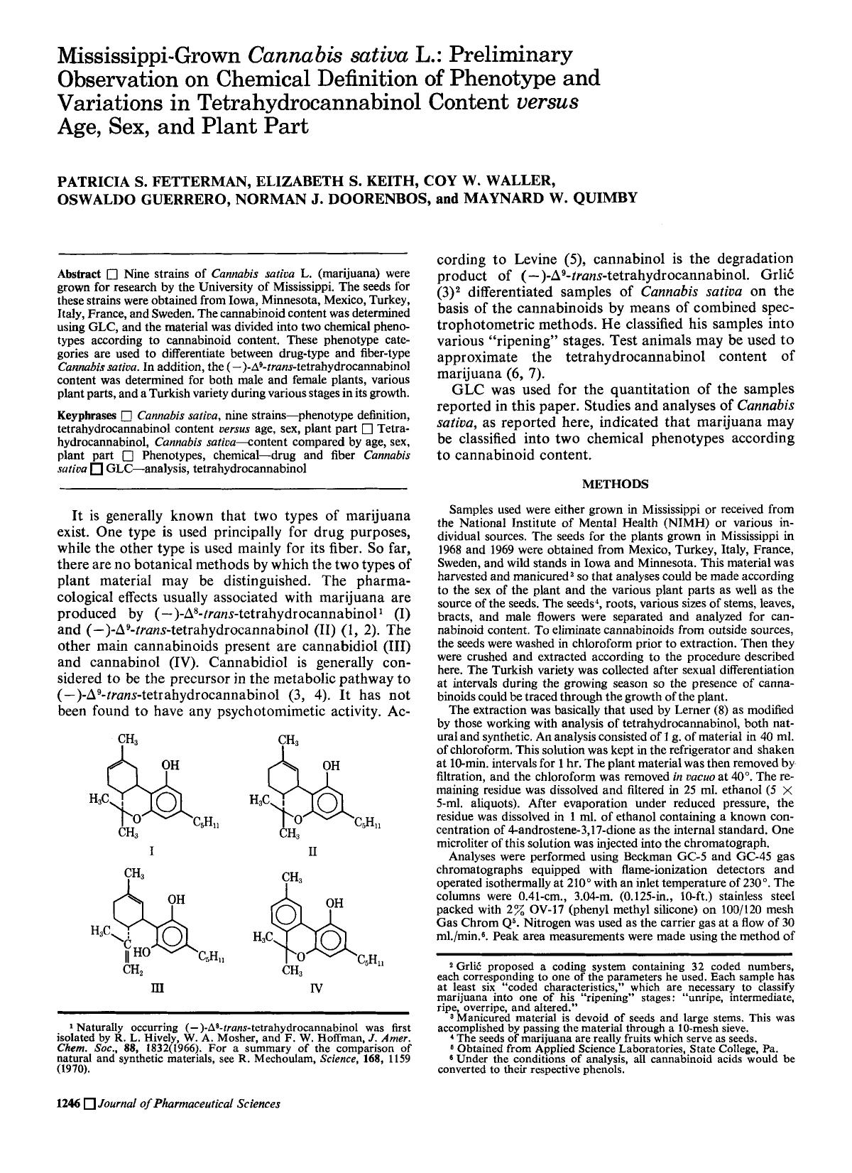 Mississippi-grown cannabis sativa L.: Preliminary observation on chemical definition of phenotype and variations in tetrahydrocannabinol content versus age, sex, and plant part by unknow