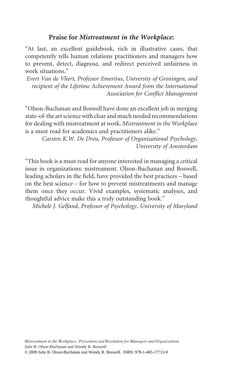 Mistreatment in the Workplace: Prevention and Resolution for Managers and Or by Unknow