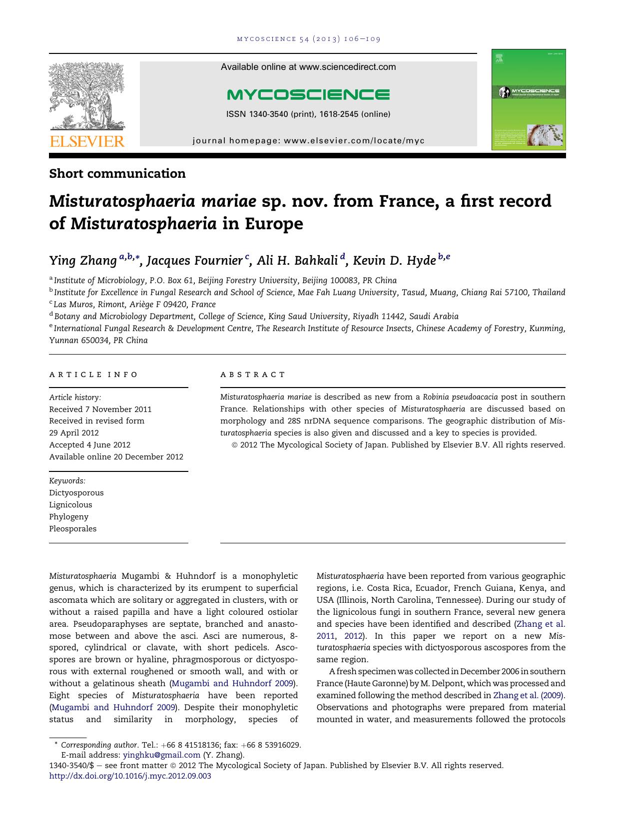 Misturatosphaeria mariae sp. nov. from France, a first record of Misturatosphaeria in Europe by Ying Zhang & Jacques Fournier & Ali H. Bahkali & Kevin D. Hyde