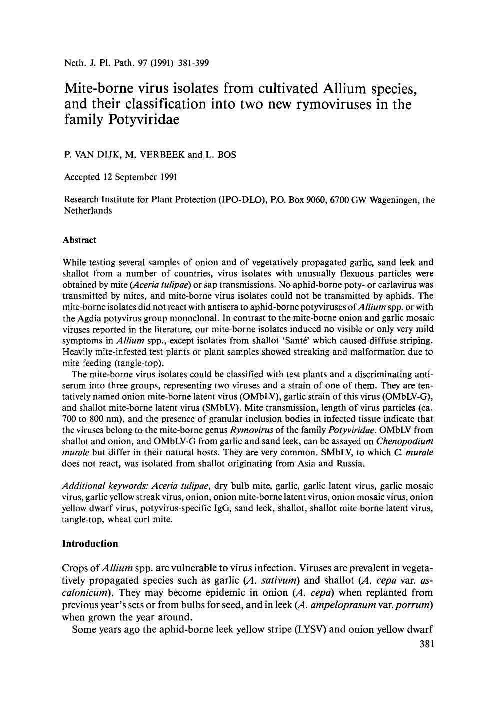 Mite-borne virus isolates from cultivated Allium species, and their classification into two new rymoviruses in the family Potyviridae by Unknown