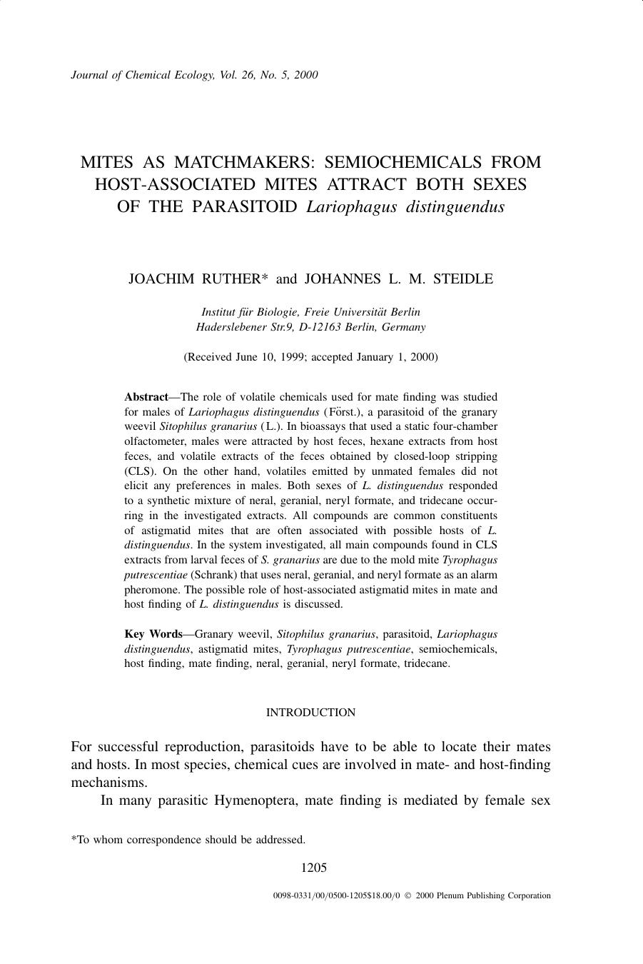 Mites as Matchmakers: Semiochemicals from Host-associated Mites Attract Both Sexes of the Parasitoid Lariophagus distinguendus by Unknown