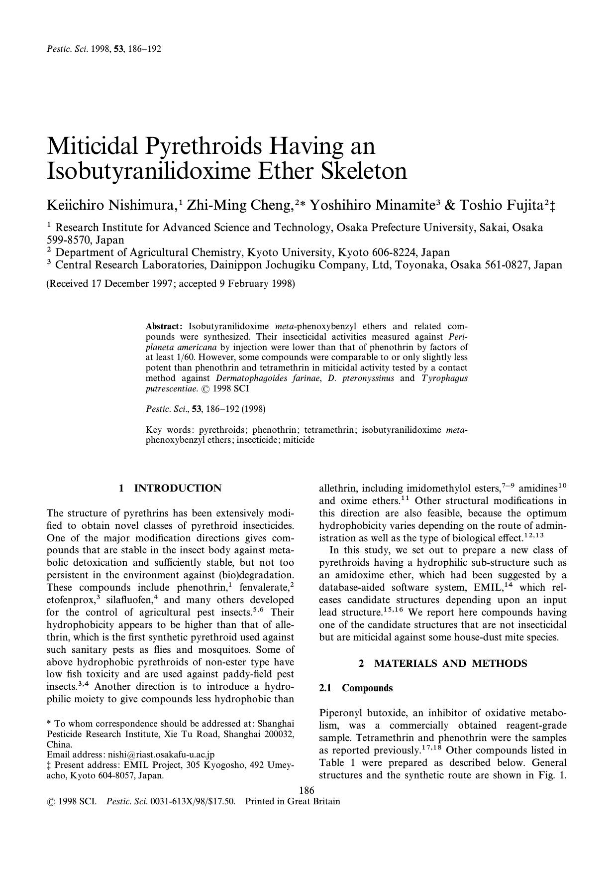 Miticidal pyrethroids having an isobutyranilidoxime ether skeleton by Nishimura Cheng Minamite Fujita