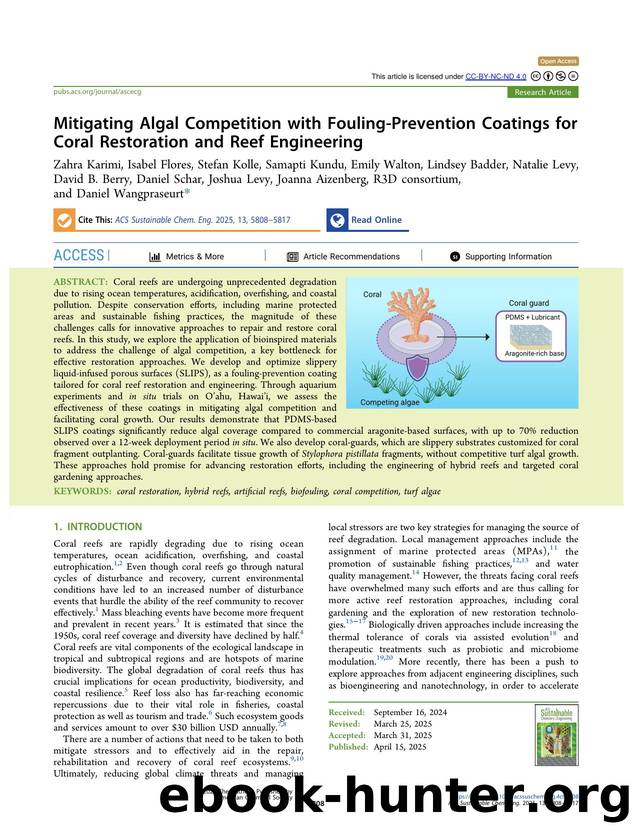 Mitigating Algal Competition with Fouling-Prevention Coatings for Coral Restoration and Reef Engineering by unknow