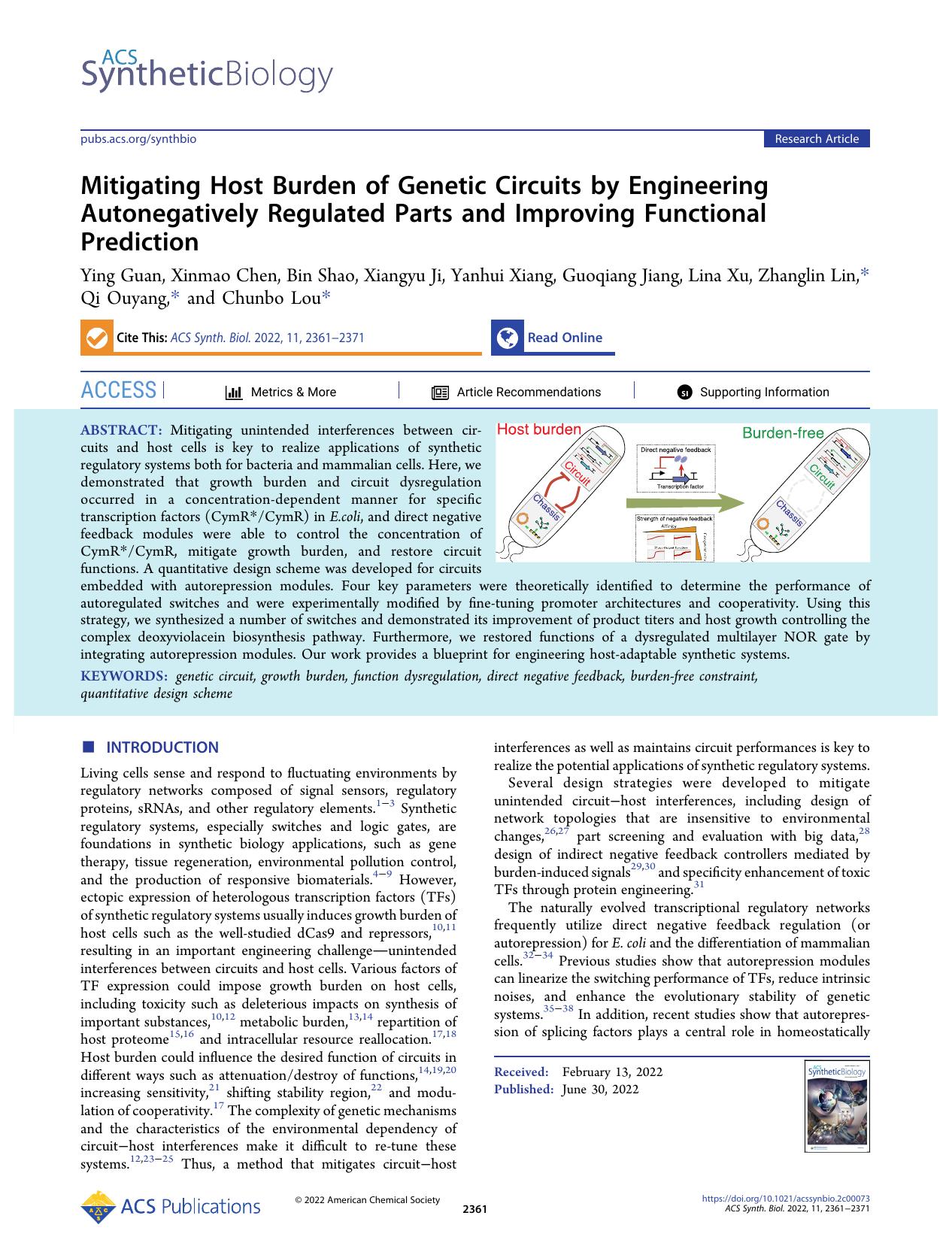 Mitigating Host Burden of Genetic Circuits by Engineering Autonegatively Regulated Parts and Improving Functional Prediction by unknow