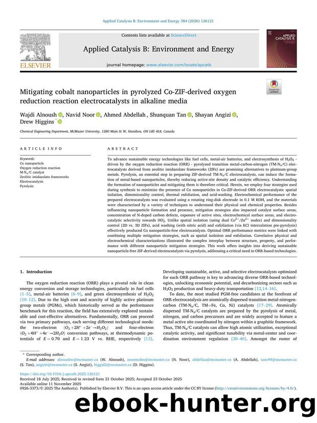 Mitigating cobalt nanoparticles in pyrolyzed Co-ZIF-derived oxygen reduction reaction electrocatalysts in alkaline media by Wajdi Alnoush