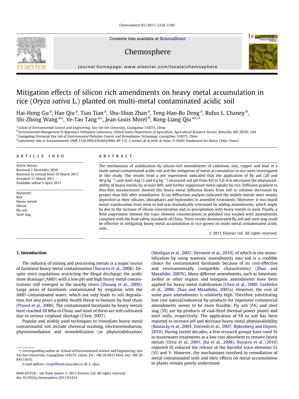Mitigation effects of silicon rich amendments on heavy metal accumulation in rice (Oryza sativa L.) planted on multi-metal contaminated acidic soil by unknow