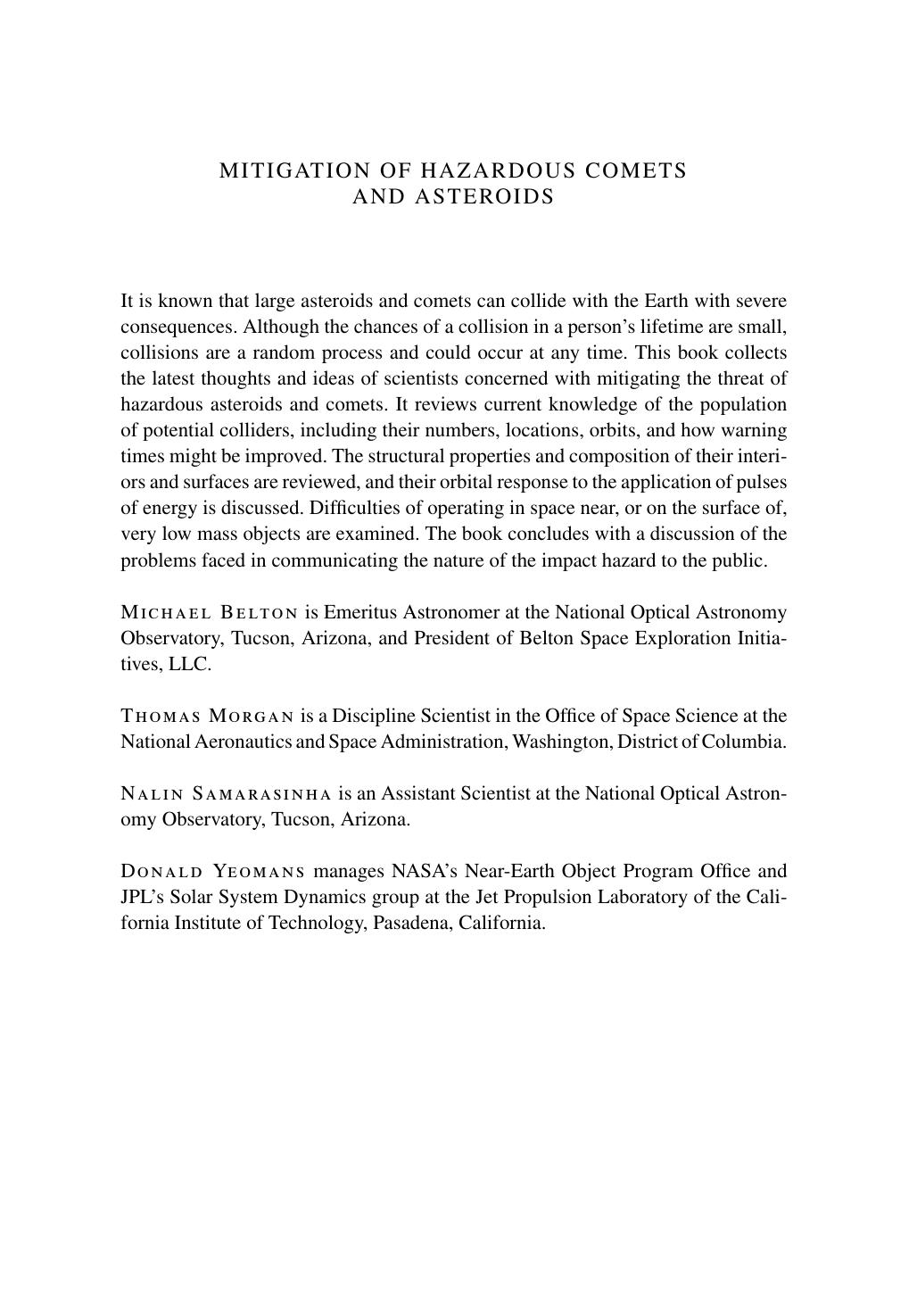 Mitigation of Hazardous Comets and Asteroids by Michael J. S. Belton Thomas H. Morgan Nalin H. Samarasinha Donald K. Yeomans