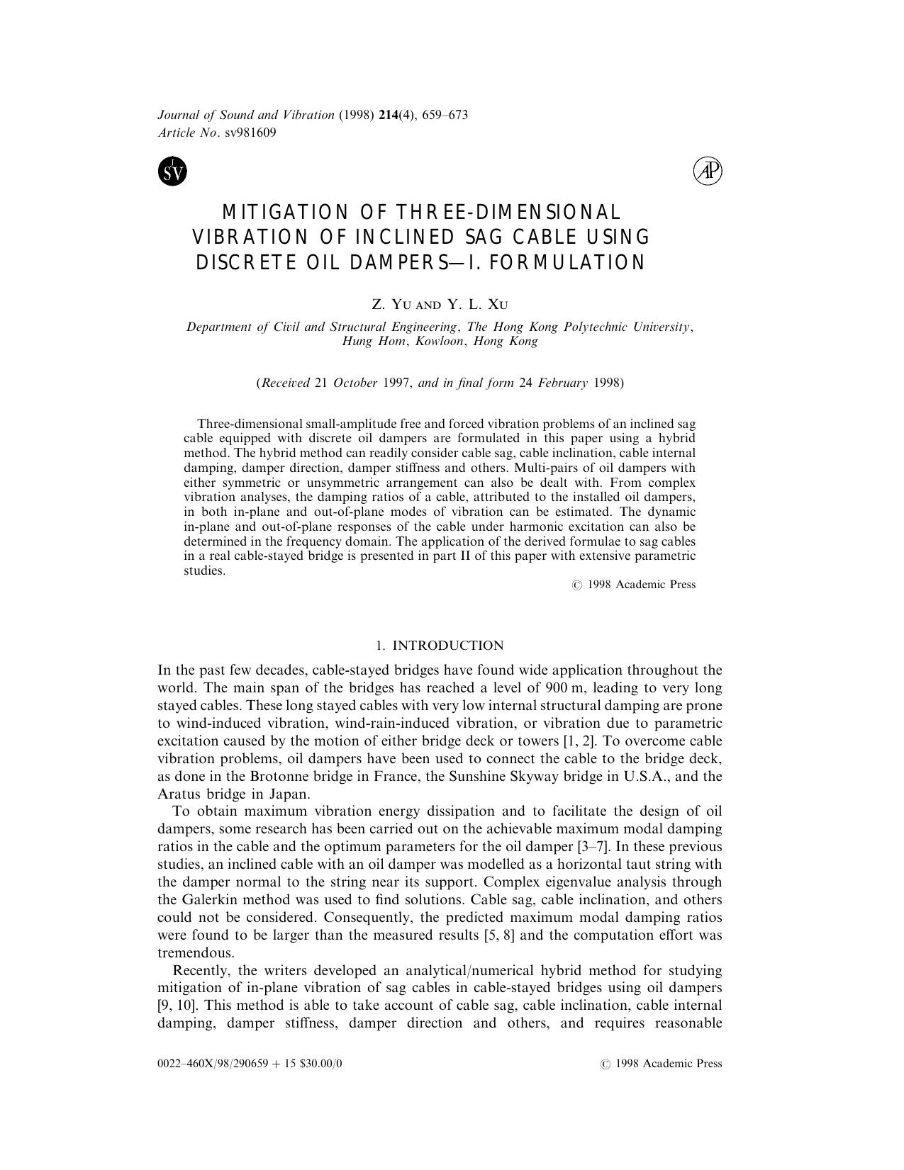 Mitigation of Three-Dimensional Vibration of Inclined Sag Cable Using Discrete Oil Dampers-I. Formulation by Yu Z. & Xu Y. L