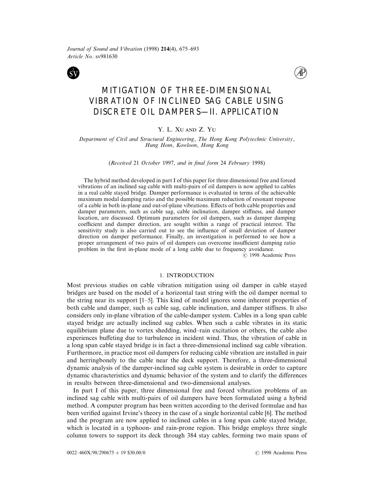 Mitigation of Three-Dimensional Vibration of Inclined Sag Cable Using Discrete Oil Dampers-II. Application by Xu Y. L. & Yu Z